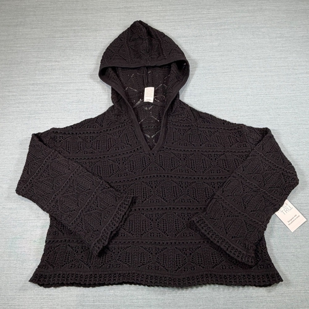 Time and Tru Black Crochet Knit‎ Hoodie Coverup Cotton Boho S 4-6 TT16100148905